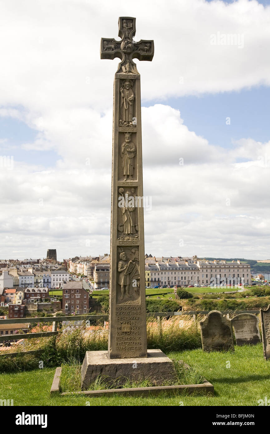 The Celtic style cross which commemorates the life of Caedmon (d.680), the earliest English Poet whose name is recorded. Stock Photo