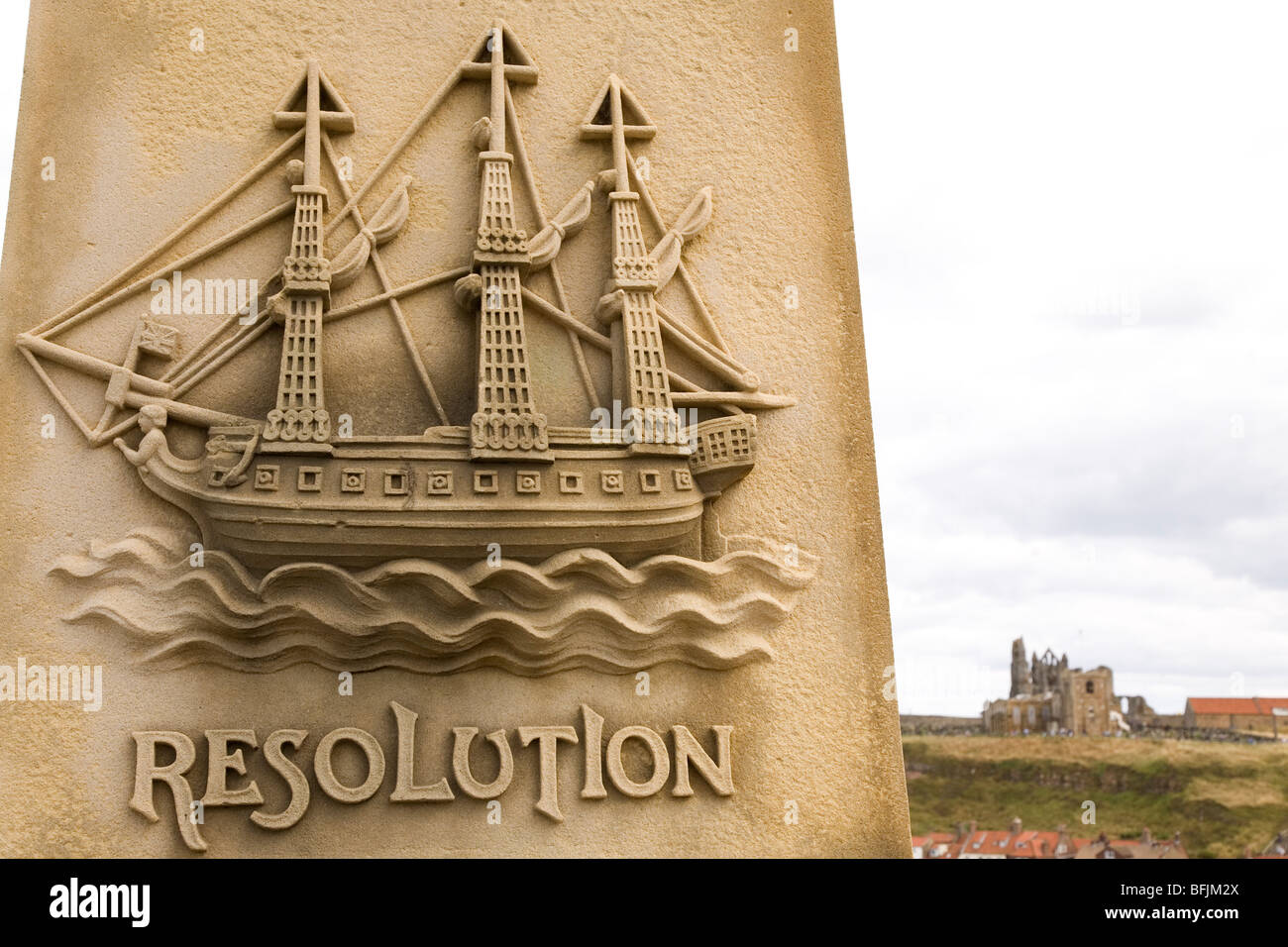 A bas-relief representation of the Resolution on the base of the statue in memory of Captain James Cook (1728-1779) at Whitby. Stock Photo