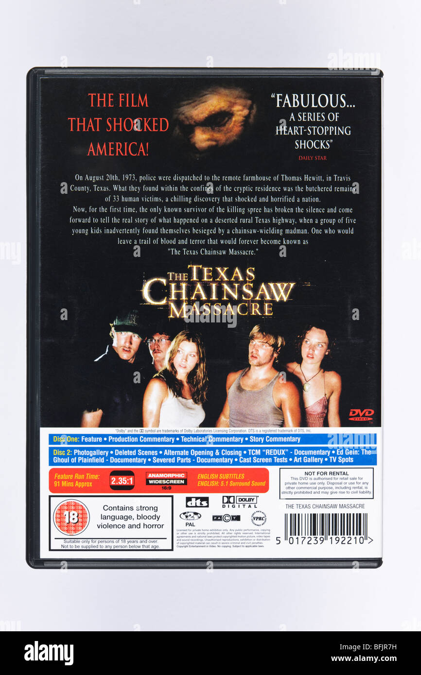THE TEXAS CHAIN SAW MASSACRE DVD DISC BOX BACK COVER. HORROR MOVIE. Stock Photo