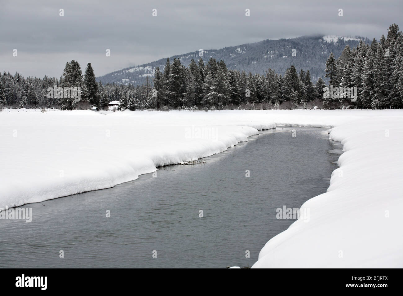 Wintry scene of Hoodoo Creek after a fresh snow fall in North Idaho