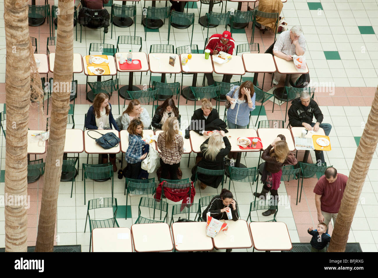 People eating at a cafe from above overhead, Pentagon City shopping mall, Washington DC, USA Stock Photo