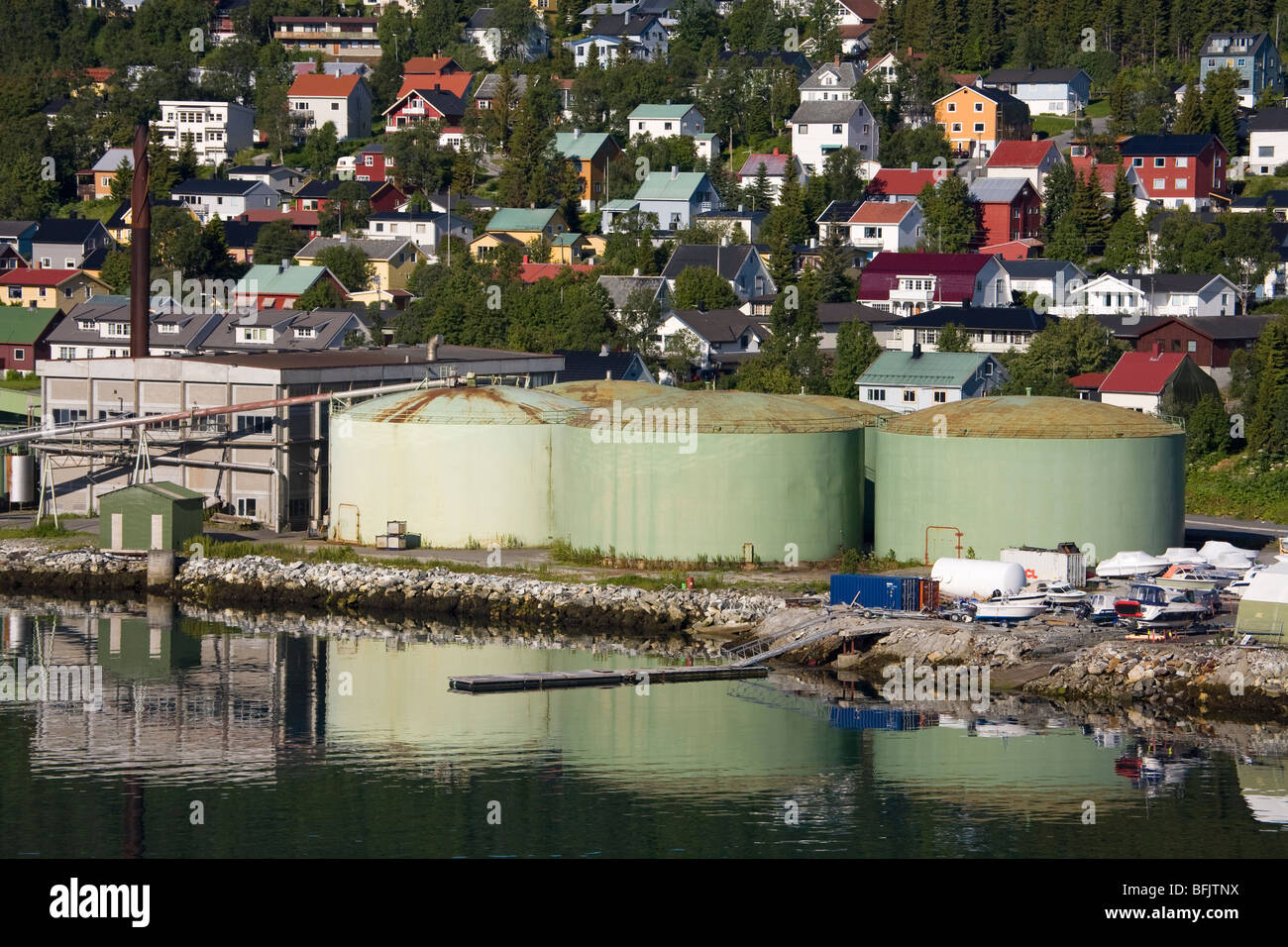 Oil Storage Tanks, Commercial Docks, Tromso City, Troms County, Norway, Scandinavia Stock Photo