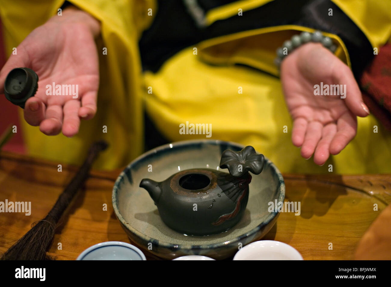Chine's tea ceremony performed by Caucasian woman Stock Photo