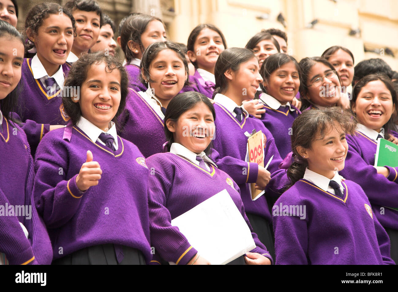Group of young peruvian school boys and girls in uniform Stock Photo