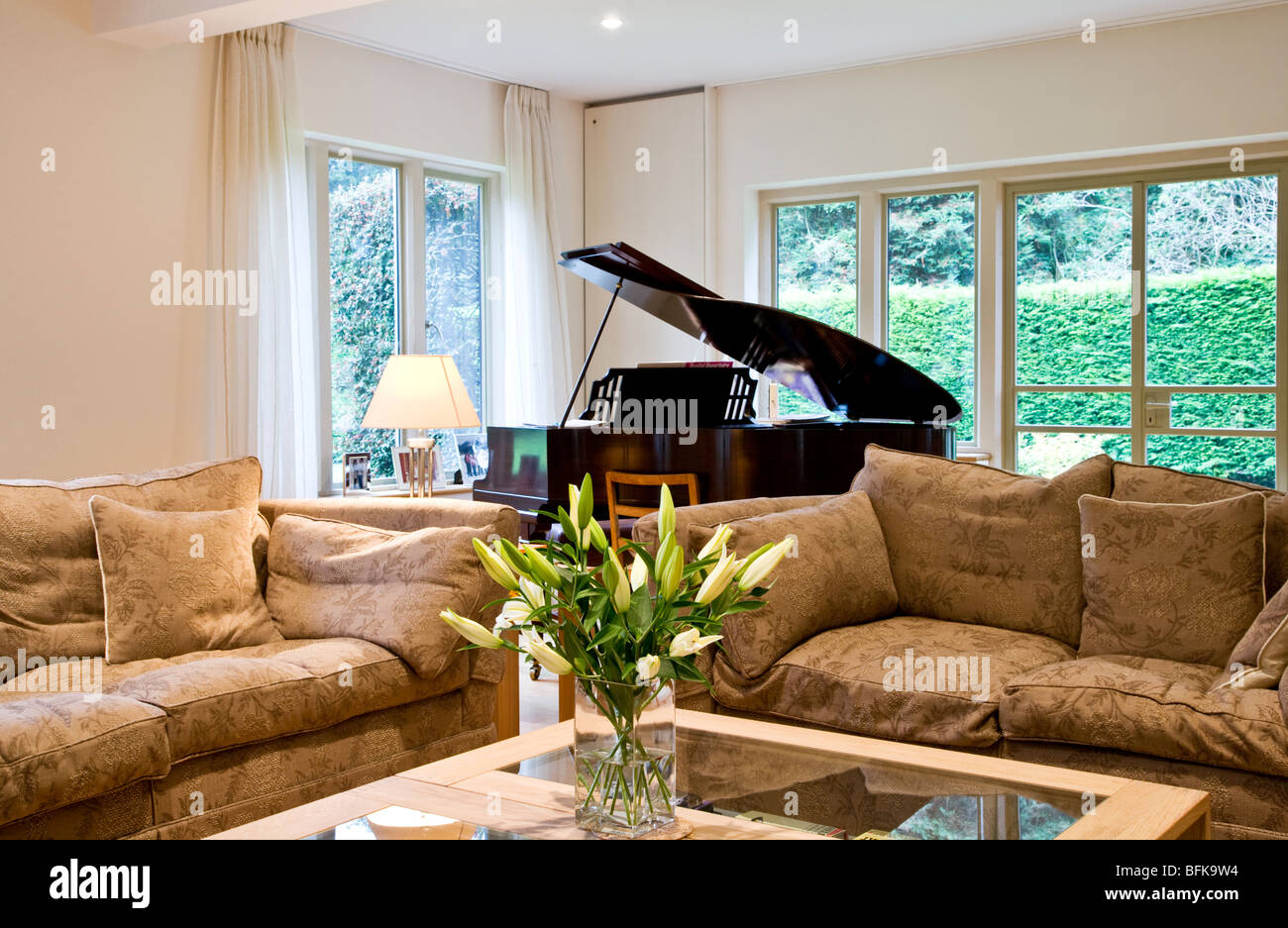 A smart modern stylish lounge, living or sitting room with a baby grand piano and vase of lilies Stock Photo