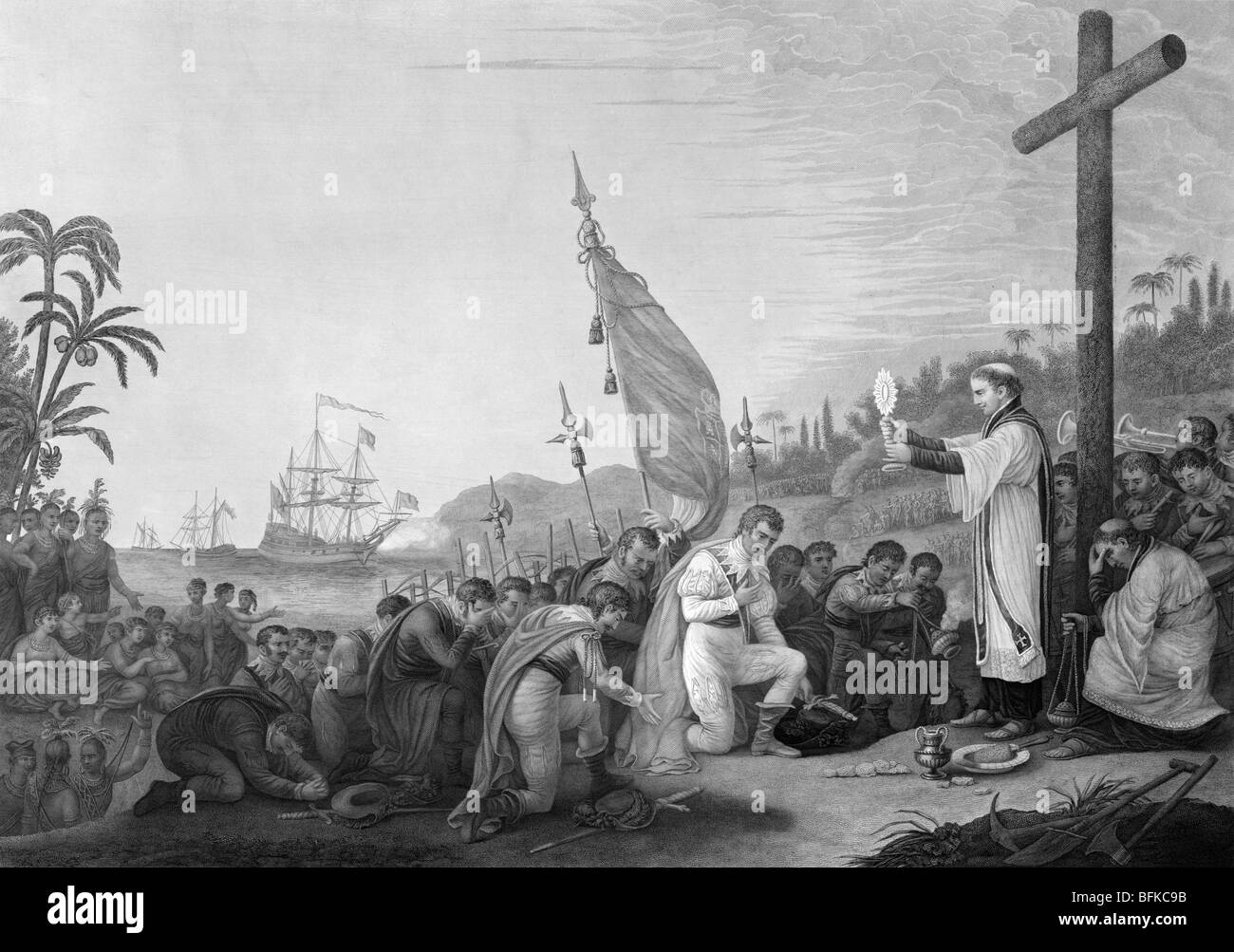 Print c1876 showing Christopher Columbus and crew praying after landing in the New World for the first time on October 12 1492. Stock Photo