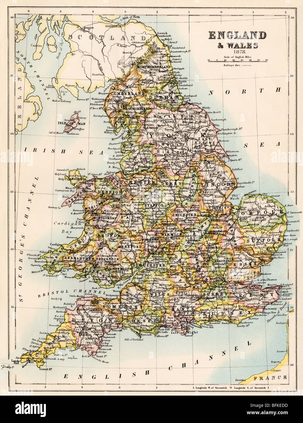 Map of England and Wales, 1870s. Color lithograph Stock Photo