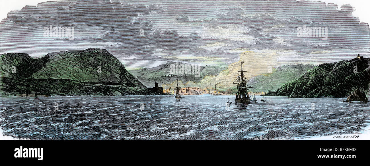 Sailing-ships approaching the harbor of Dartmouth, England. Hand-colored woodcut Stock Photo