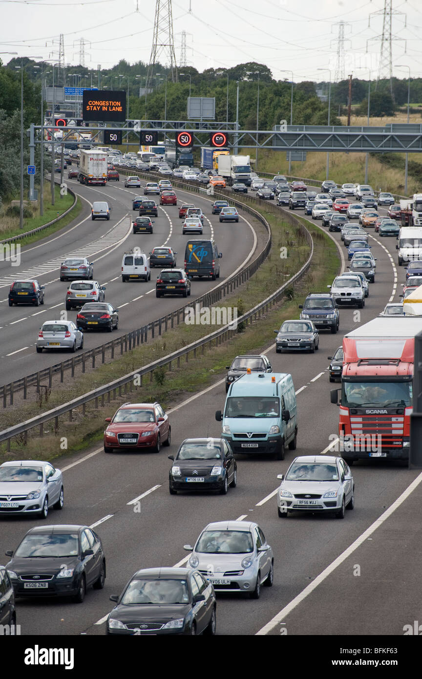 Variable speed limit section of the M42 showing traffic using the hard