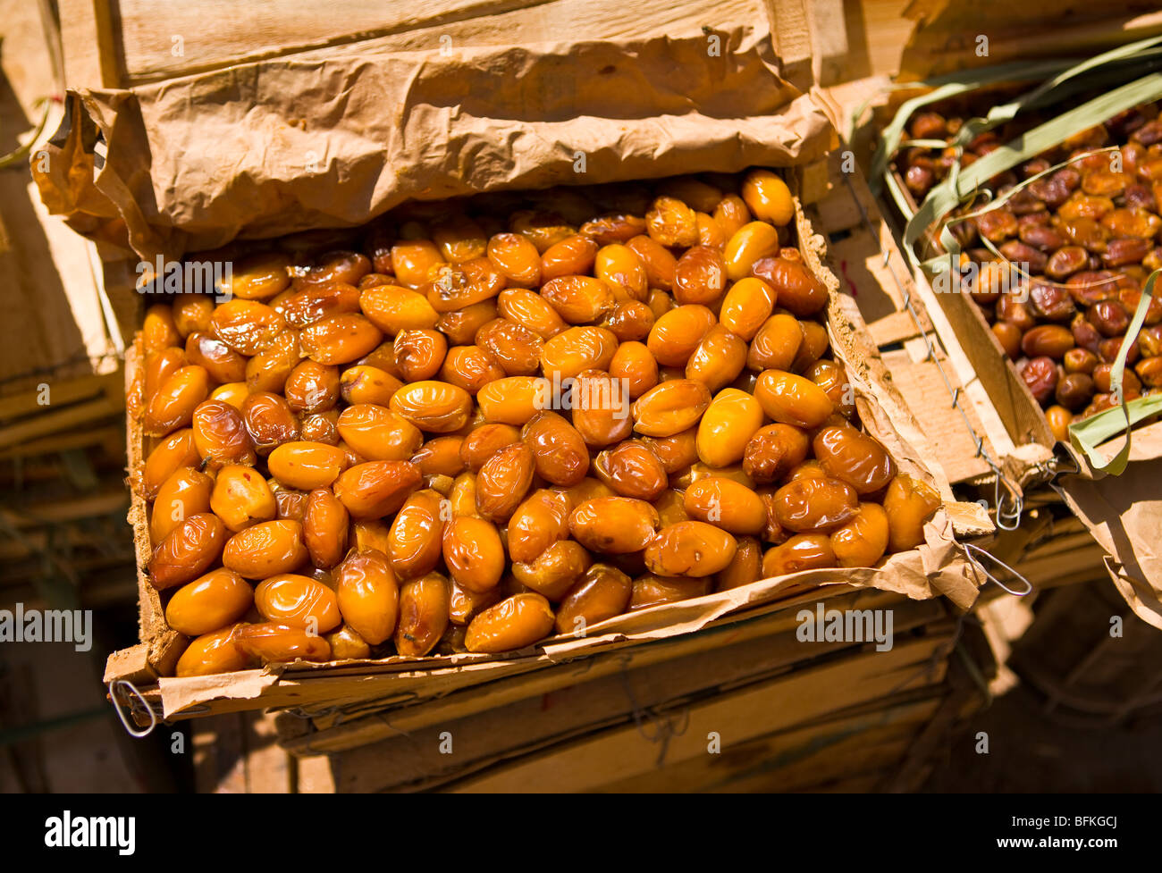 AGDZ, MOROCCO Box of golden ripe palm dates in market in Agdz, in the