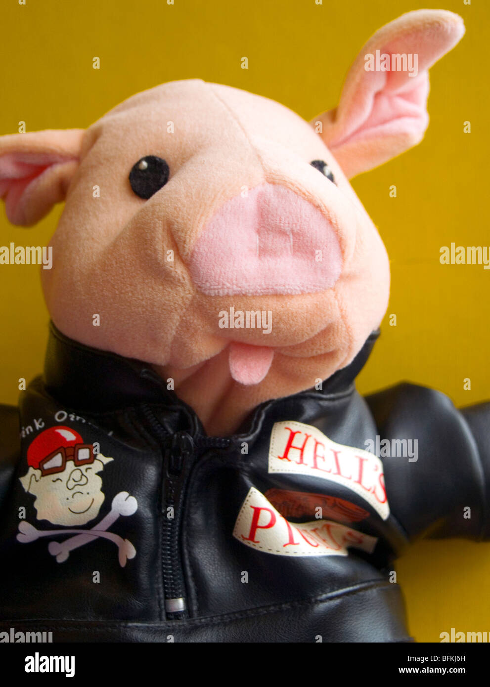 Close up of a 'Hell's Piglet' cuddly toy. Stock Photo