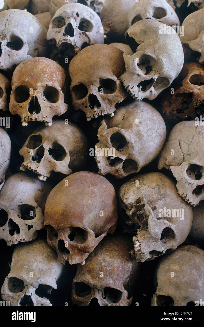 A pile of skulls of executed victims of the Pol Pot regime, gathered in a deserted school building next to Angkor Wat. Stock Photo