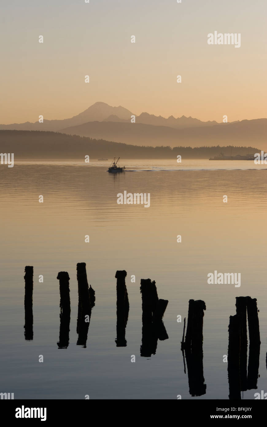 Fishing boat and Mount Baker from Anacortes, Wasington. Stock Photo