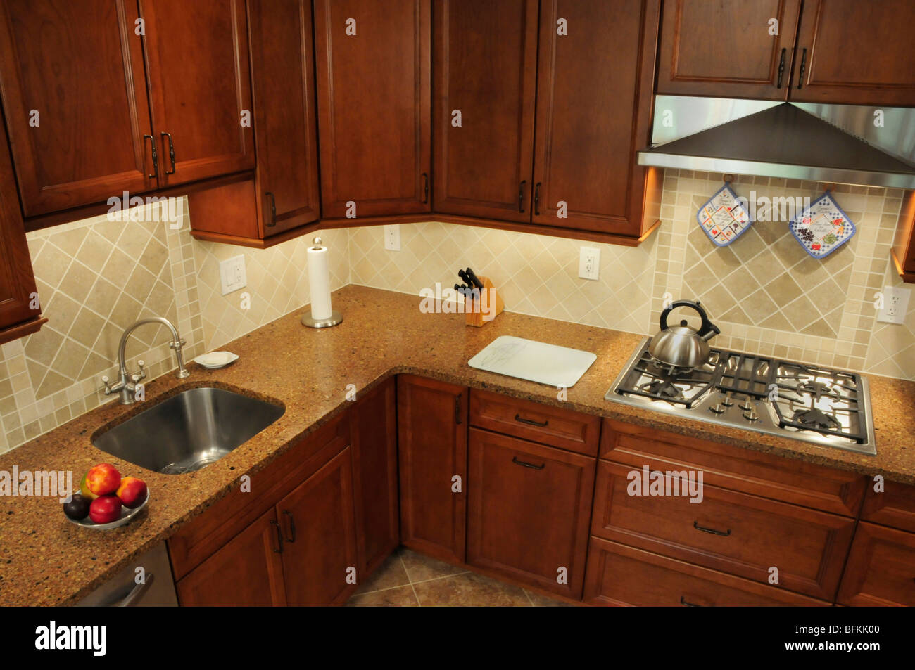 Work area in a remodeled kitchen from a high angle Stock Photo