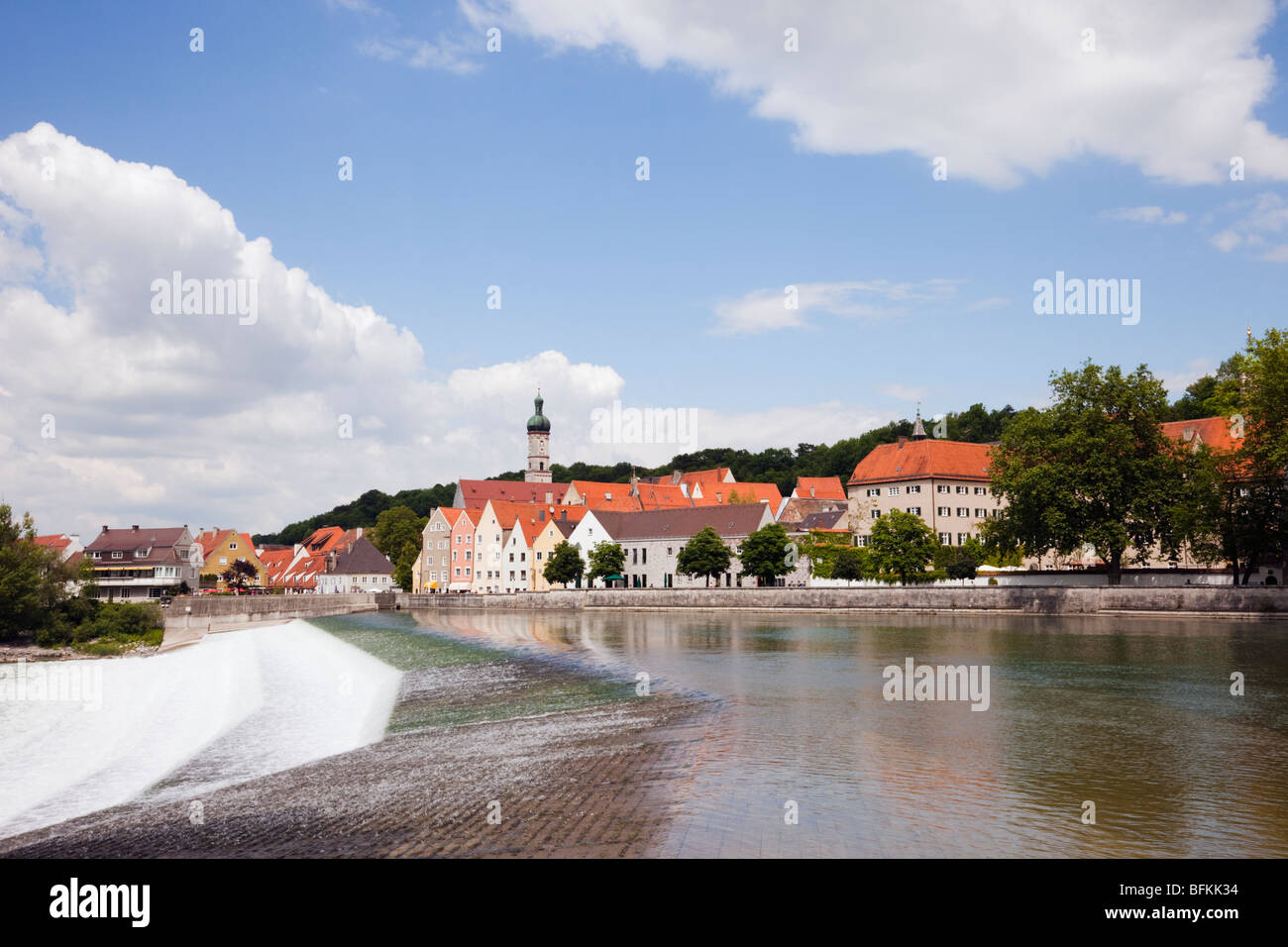 Landsberg am Lech, Bavaria, Germany, EU. View across the weir in the River Lech to medieval town on the Romantic Route road Stock Photo