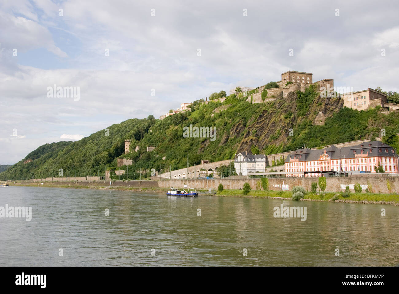 Koblenz, Germany. 30th Apr, 2020. Ehrenbreitstein Fortress, the largest  part of the major Koblenz fortress, is situated high above the Rhine with a  view of the city and the Deutsches Eck at