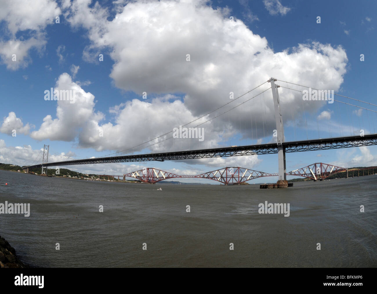 Wide angle shot of the Forth Bridges. Stock Photo