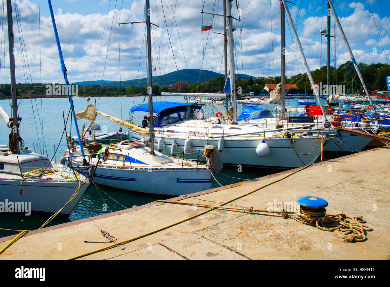 Numerous luxury yachts in Tsarevo port, Bulgaria Stock Photo