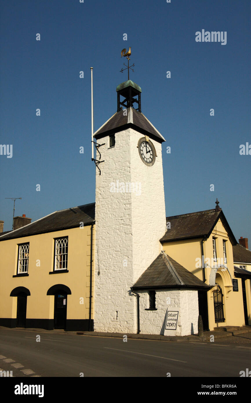 The Clock Tower and Town Hall, King Street, Laugharne, Carmarthenshire, South Wales, U.K. Stock Photo