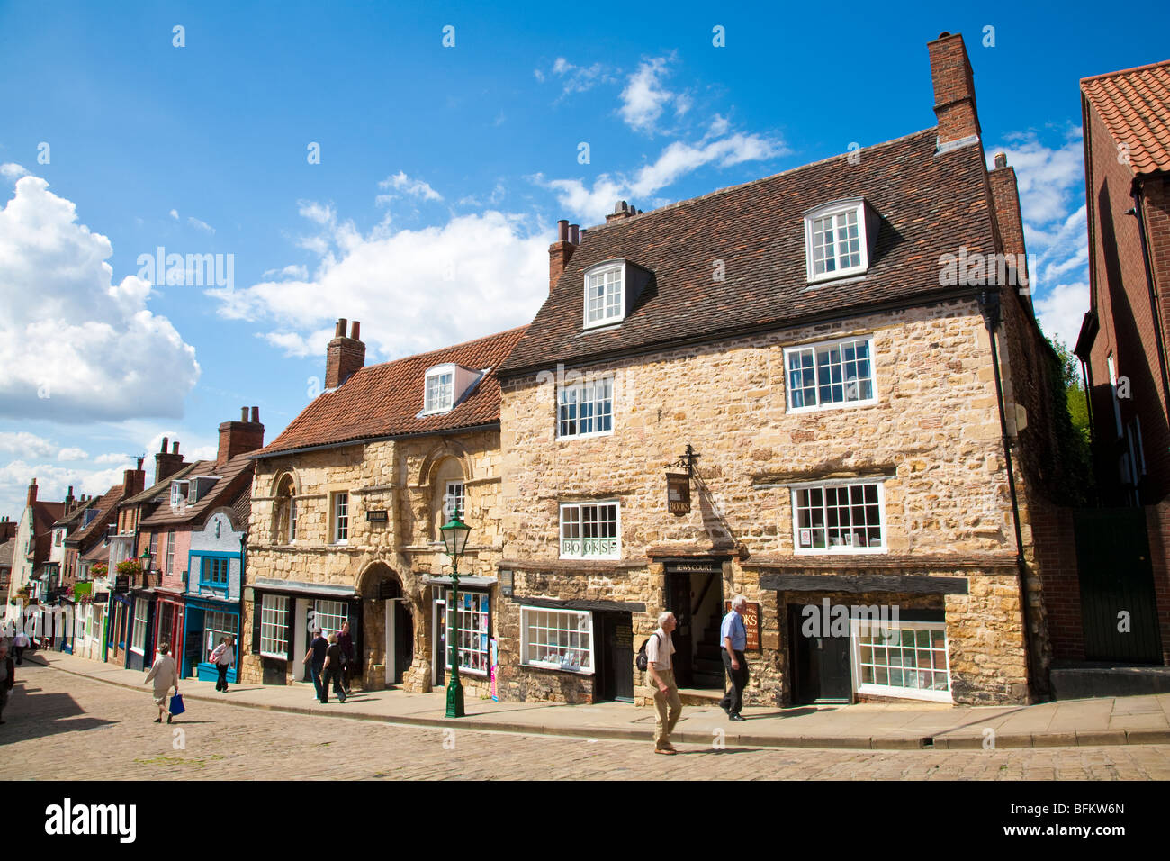 Steep Hill in Lincoln with Jew's House Restaurant, Lincolnshire, England, UK Stock Photo