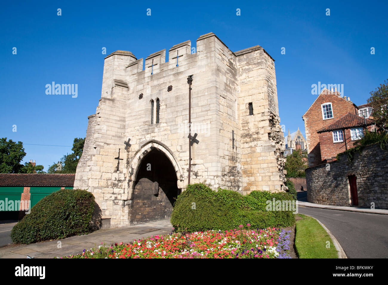 Pottergate, restored medieval gateway on the outskirts of Lincoln Cathedral, Lincoln, Lincolnshire, England, UK Stock Photo