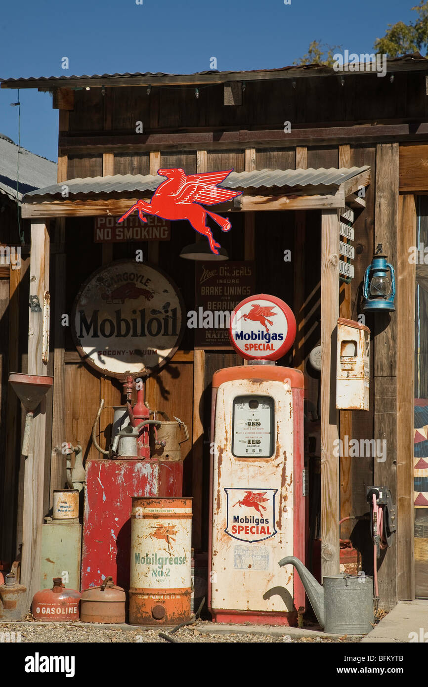 Old Mobil gas station collection of objects in the Santa Ynez Valley, California Stock Photo