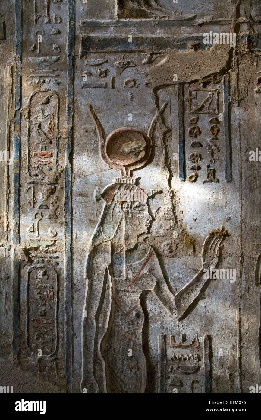 Reliefs showing Hathor at the Ptolemaic Temple at Deir el-Medina: The Workers' Village on the West Bank Luxor, Egypt Stock Photo