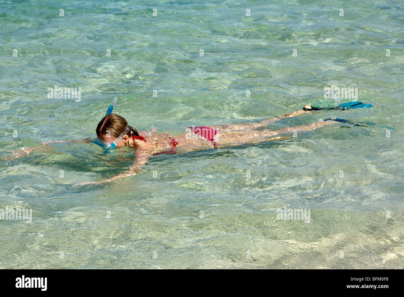 Young woman swimming in shallow waters, wearing snorkeling equipment, mask, snorkel and fins Stock Photo