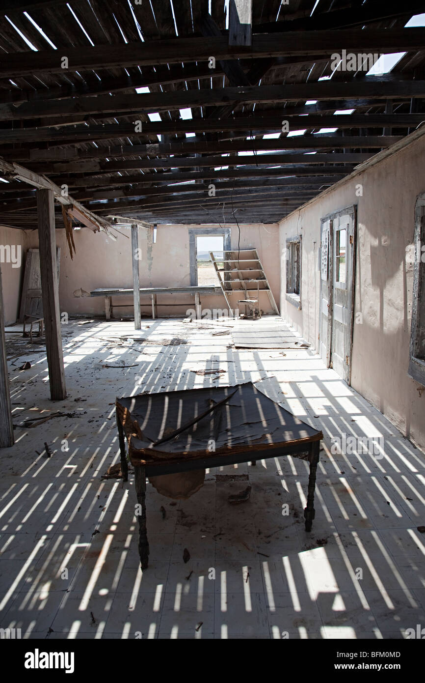 Inside of boarded up and closed shop on highway of ghost town Langtry Texas USA Stock Photo