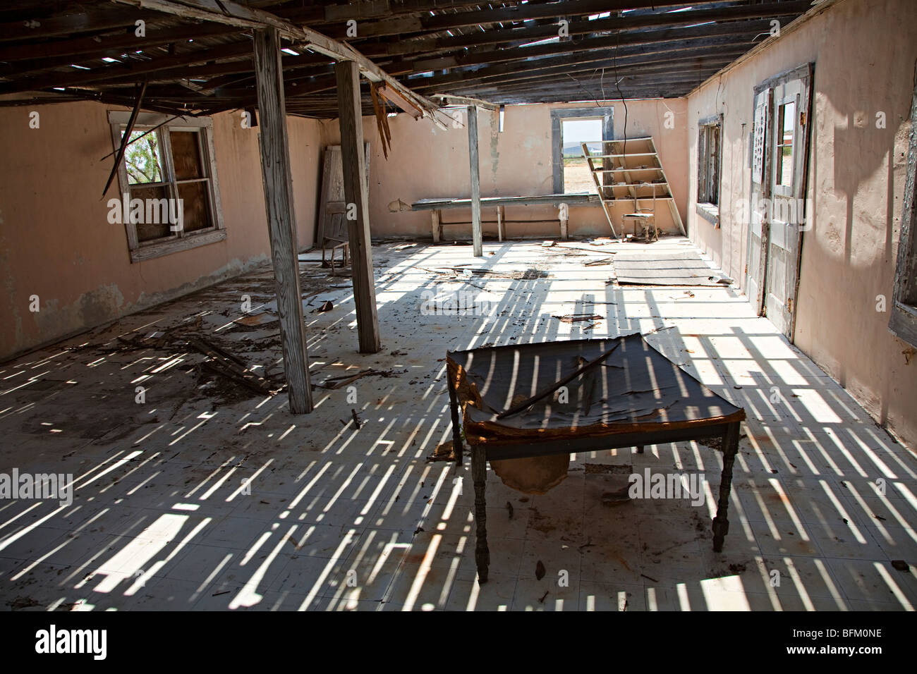 Inside of boarded up and closed shop on highway of ghost town Langtry Texas USA Stock Photo