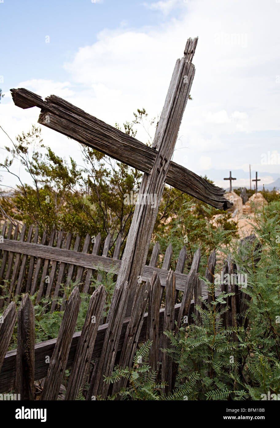 Old broken wooden grave crosses Terlingua cemetery Texas USA Stock Photo