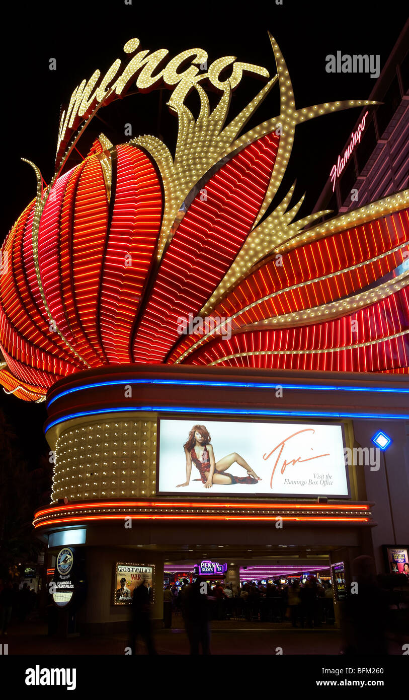 Flamingo Hotel Casino - Neon Lights - Night Scene - Las Vegas Stock Photo