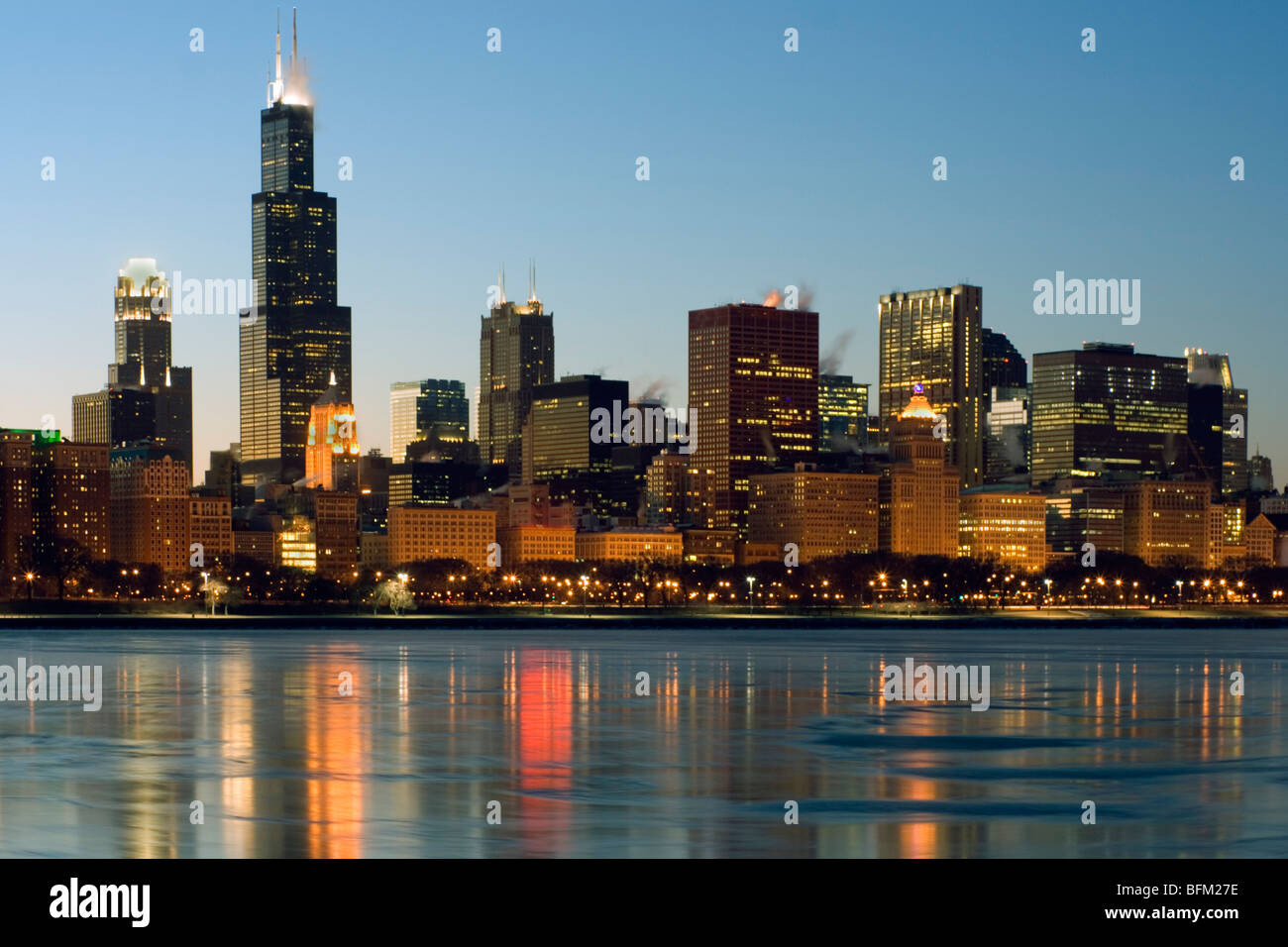 Downtown Chicago reflected in frozen Lake Michigan Stock Photo - Alamy