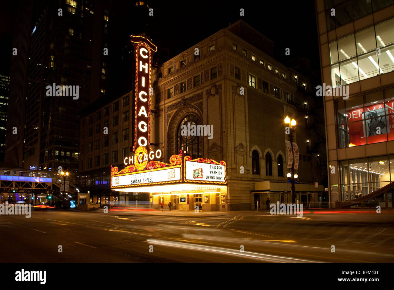 iconic Chicago Theatre, the Balaban and Katz Chicago Theatre, on North State Street in the Loop Chicago at night Stock Photo