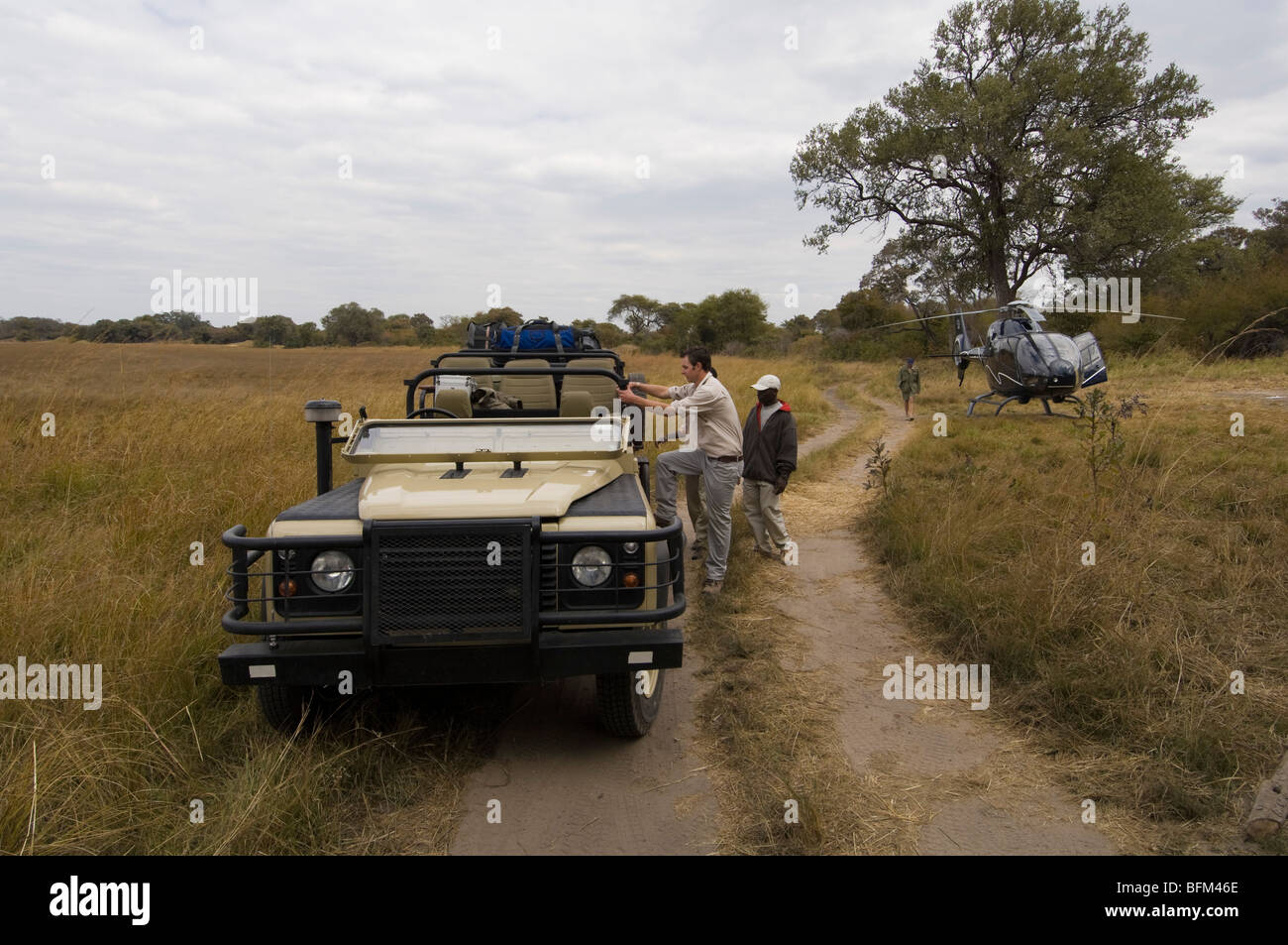 Helicopter transfer to Kapinga Camp, Busanga Plains, Kafue National Park, Zambia. Stock Photo