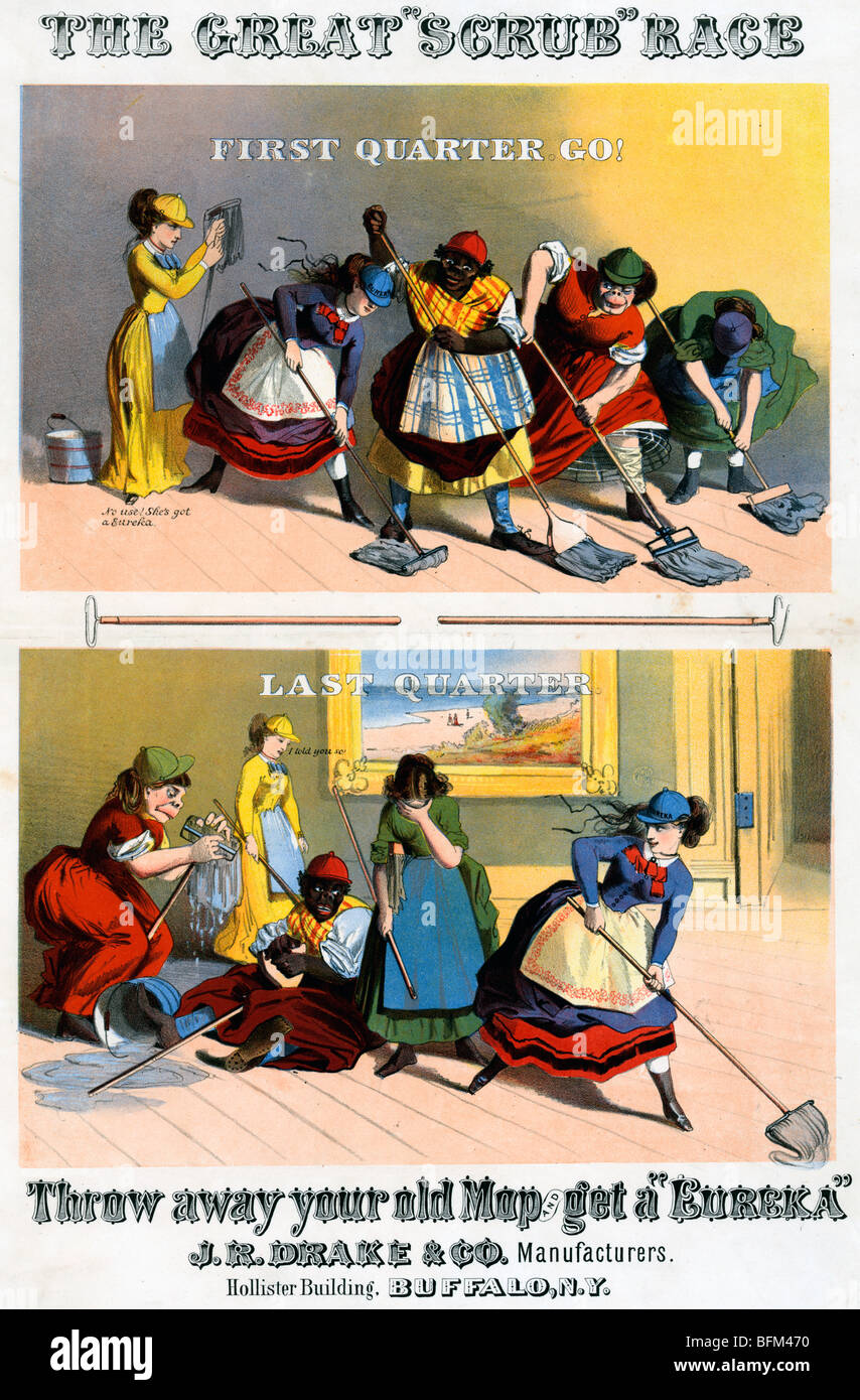 The great 'scrub' race - An ad for a Eureka Mop, circa 1870 Stock Photo