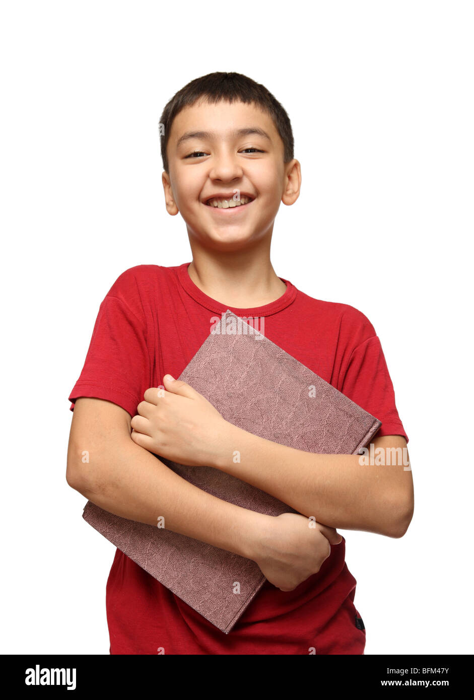 smiling asian boy holding big book isolated on white Stock Photo - Alamy