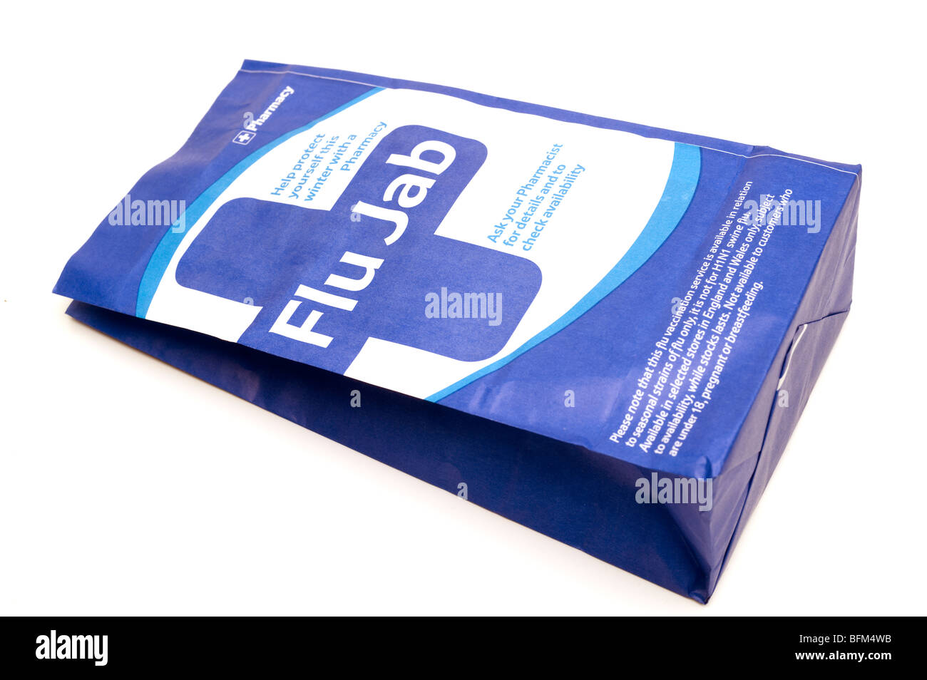 Blue and white paper Pharmacy Bag advertising the 'Flu Jab'. EDITORIAL ONLY Stock Photo