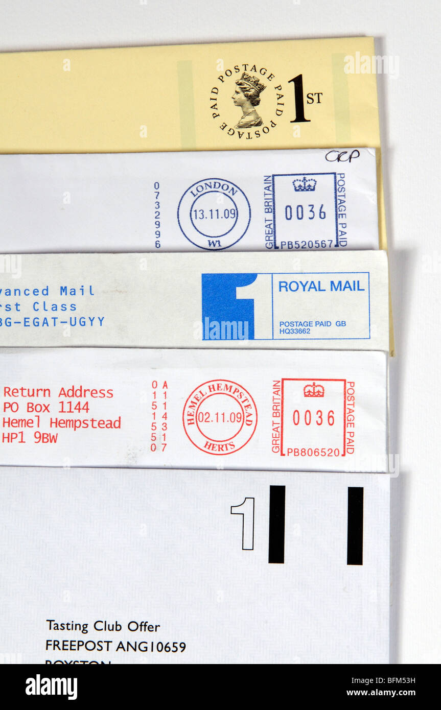 1st class postage paid Royal Mail labels Stock Photo