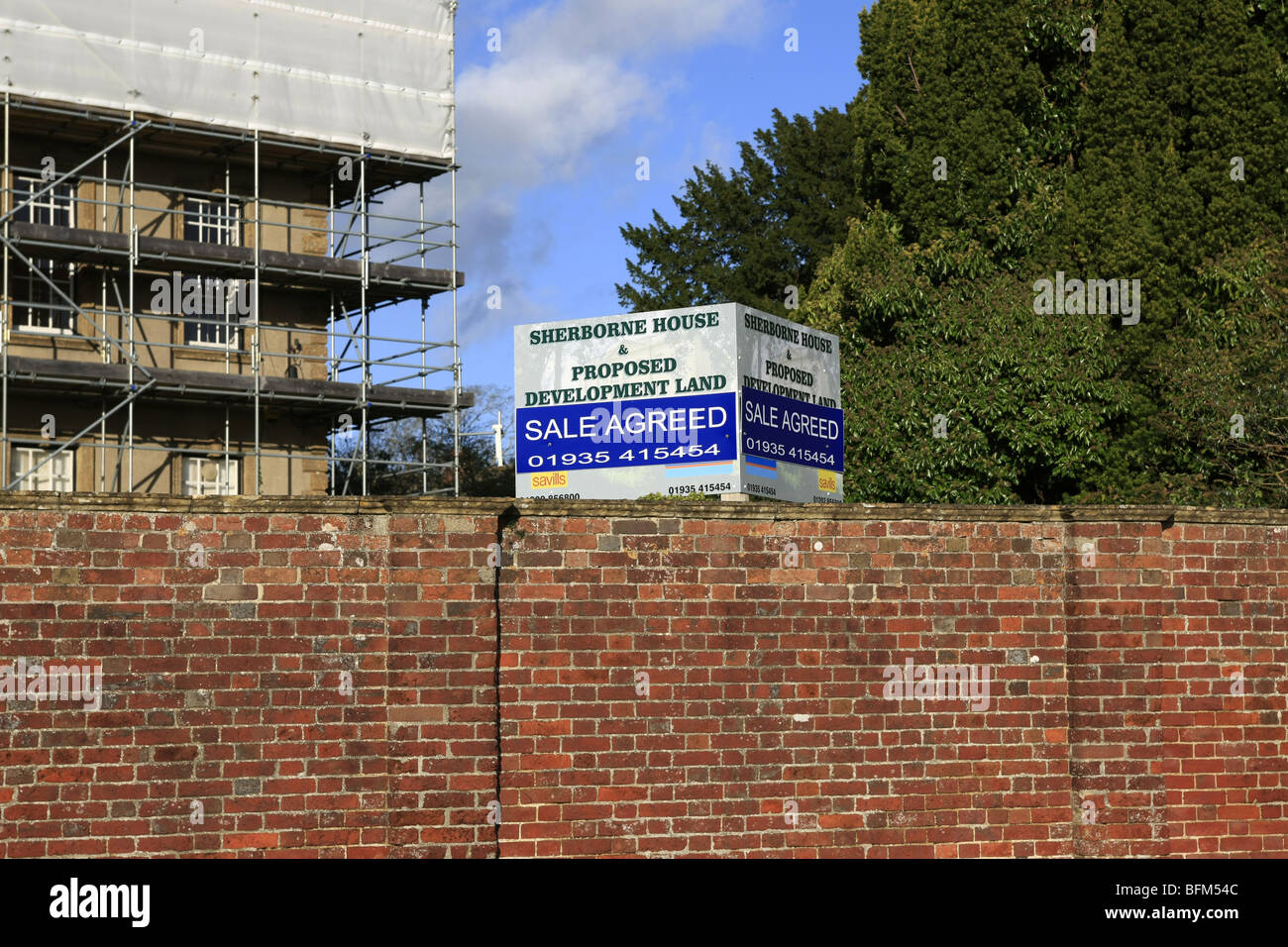 Scaffold and plastic covered Sherborne House and proposed Development