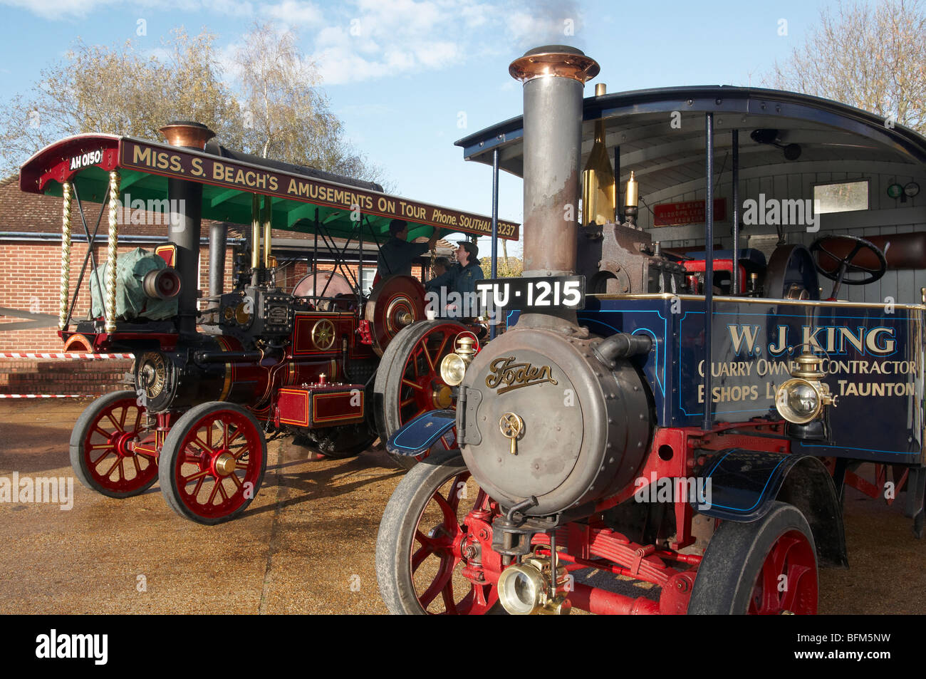 Burrell showmans steam traction engine and Foden steam lorry side by side at a steam event at Bursledon Brickworks Museum. Stock Photo
