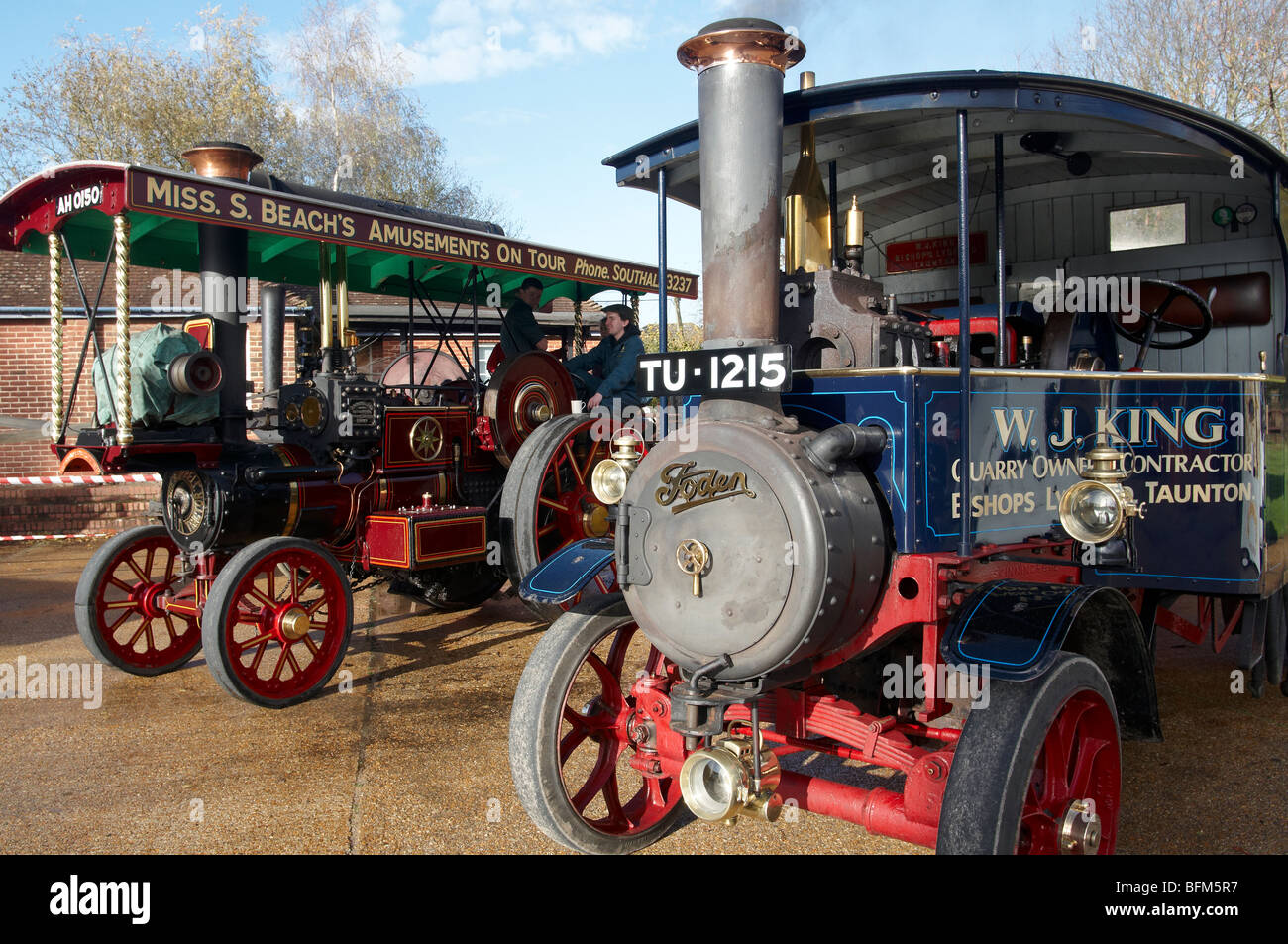 Burrell showmans steam traction engine and Foden steam lorry side by side at a steam event at Bursledon Brickworks Museum. Stock Photo