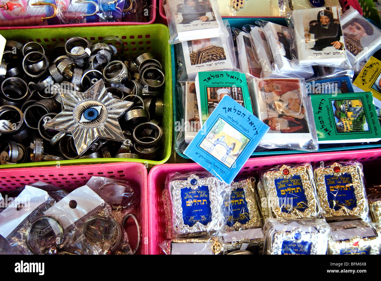 Israel, Tiberias, A stall selling Jewish amulets at he tomb and synagogue of Rabbi Meir Baal Ha Ness Stock Photo