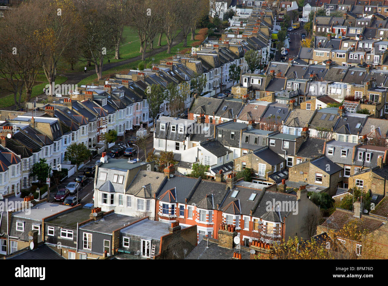 Birds eye view of Fulham and the Wandsworth bridge road. Stock Photo