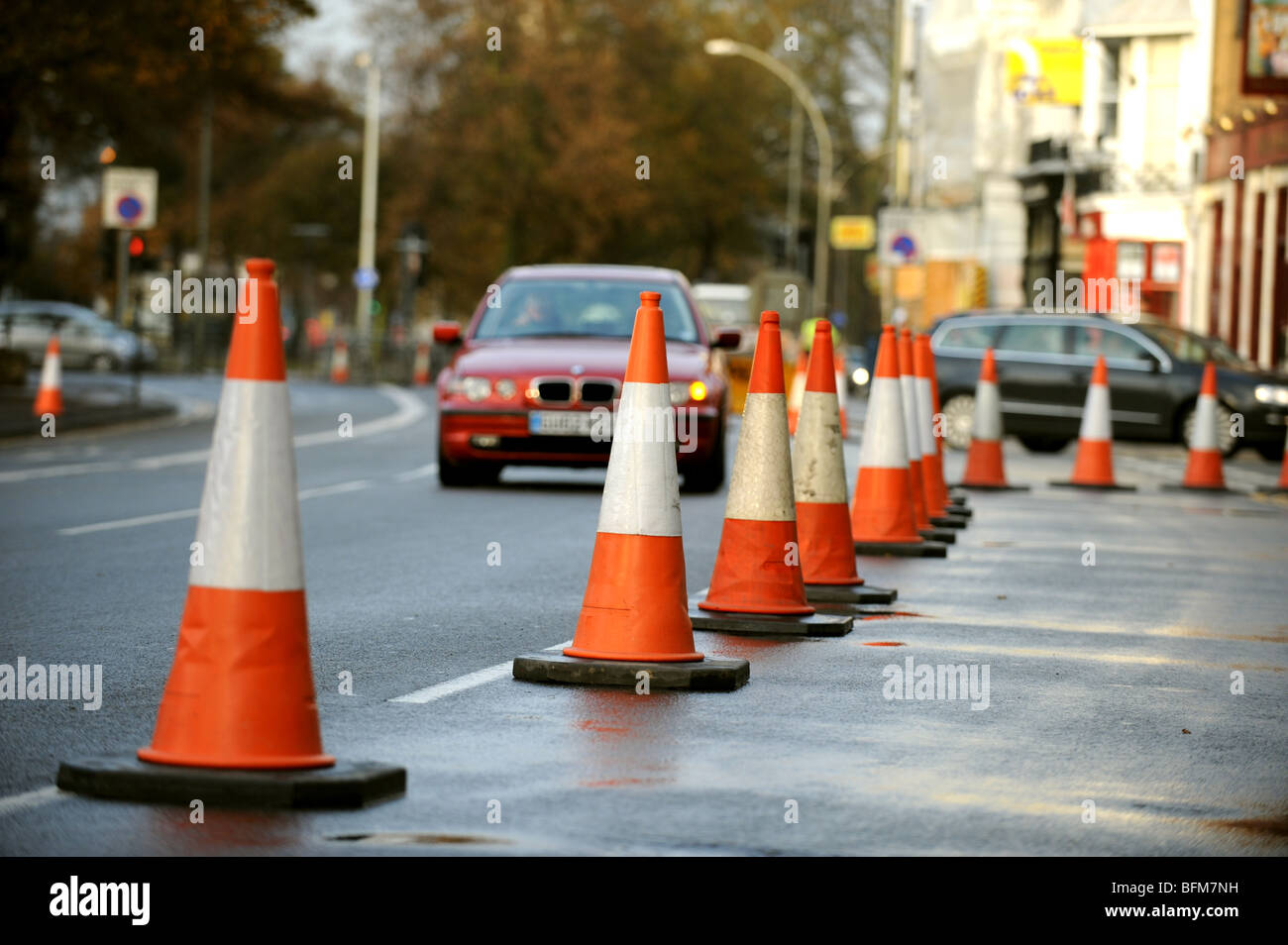 Roadworks traffic cones in Brighton city centre UK Stock Photo