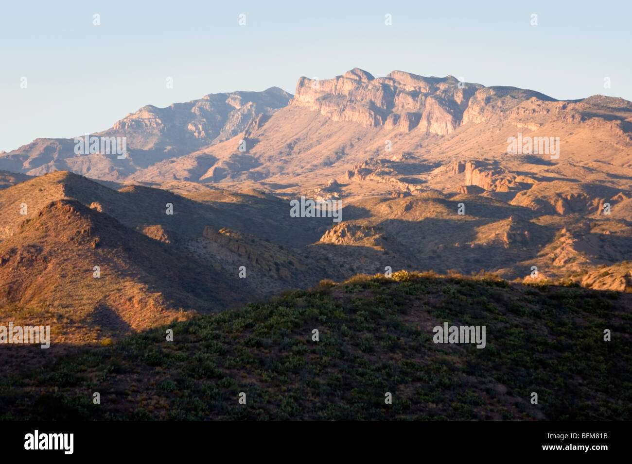Galiuro Mountains as seen from The Vista Trail out of The Muleshoe Ranch. Stock Photo