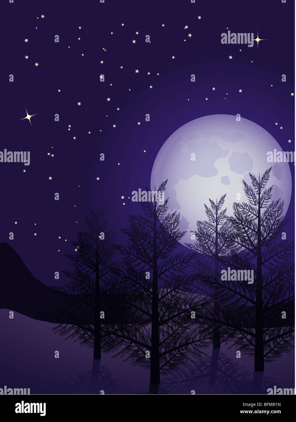 Winter landscape with starry sky and full moon Stock Photo - Alamy