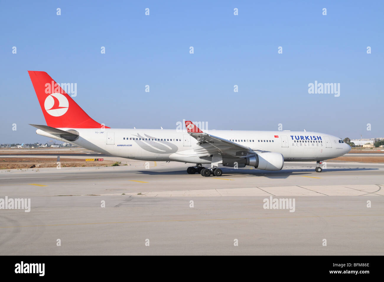 Israel, Ben-Gurion international Airport Turkish Airlines Airbus A330 passenger jet ready for takeoff Stock Photo