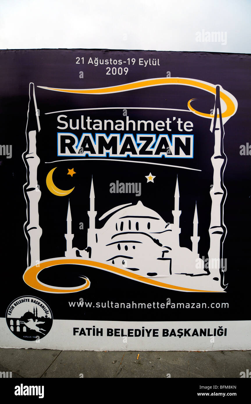 A Turkish poster announcing ramazan, ie the Muslim fasting month of ramadan, with an image of the Blue Mosque in Istanbul. Stock Photo
