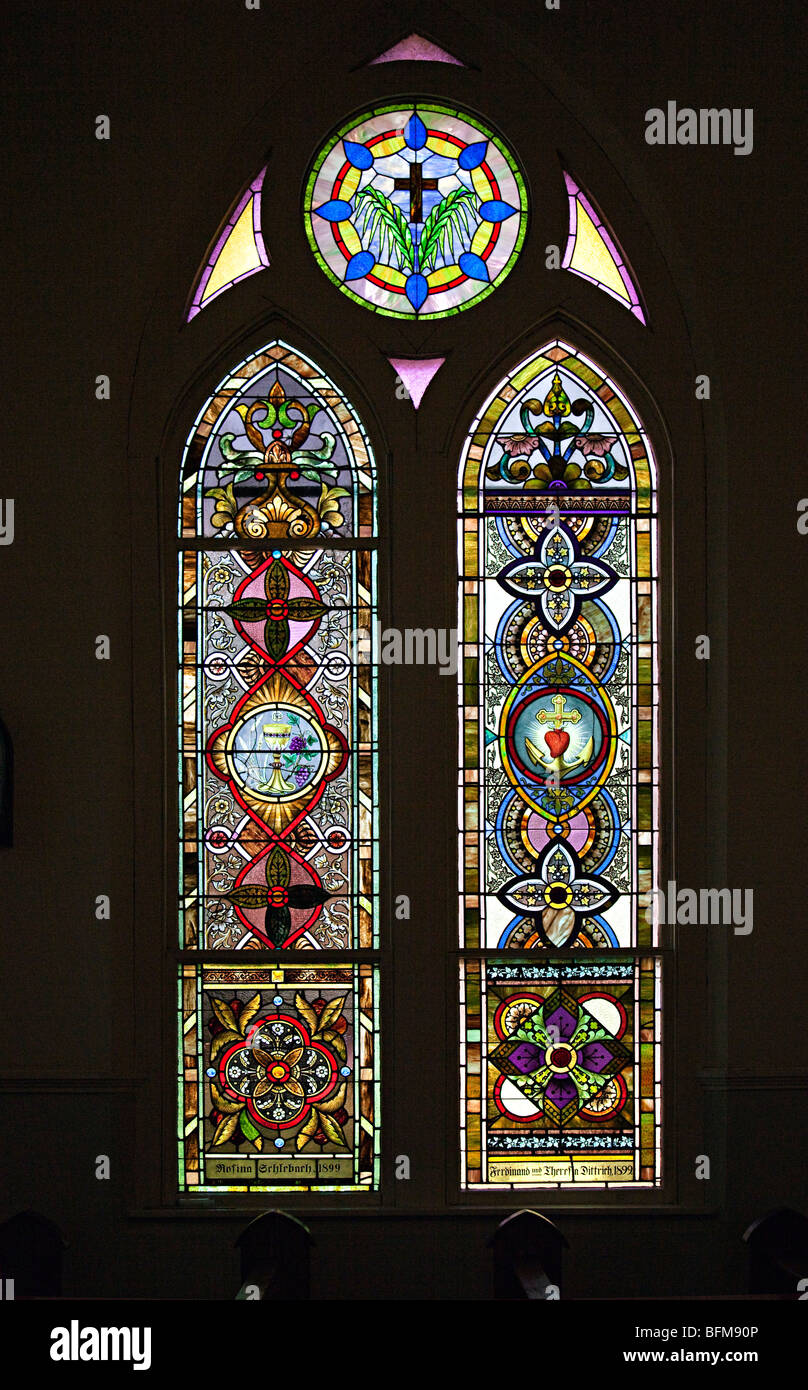 Painted leaded window St Mary's painted church at High Hill near Schulenburg Texas USA Stock Photo